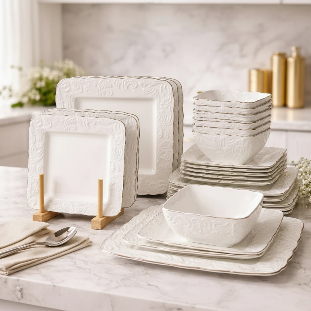 24-Piece Embossed Ceramic Dinner Set with Gold Rim Dishwasher Microwave Safe Kitchen & Dining Dinnerware Sets