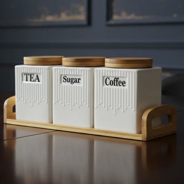 Tea Coffee Sugar Canister Set with Bamboo Lids and Tray Kitchen & Dining Food Storage Containers