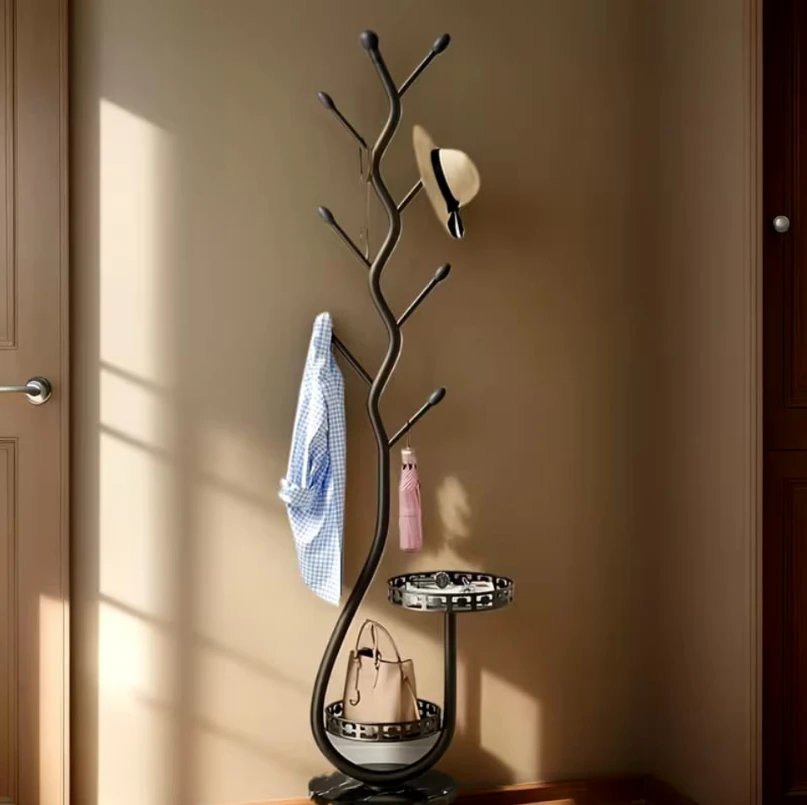 Tree Branch Floor Standing Coat Rack 30x170cm Metal 8 Hooks 2-Tier Tray Basket Entryway Black White Gold Home & Garden Coat & Hat Racks