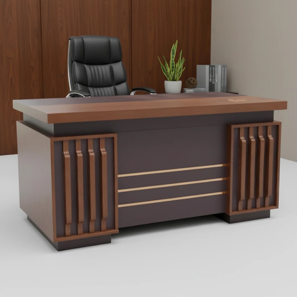 Executive Desk - 1.4m Brown Wood with Drawers Furniture Desks