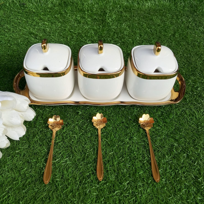 7 Piece Luxurious Ceramic Sugar and Spice Dish Set with Gold Trim