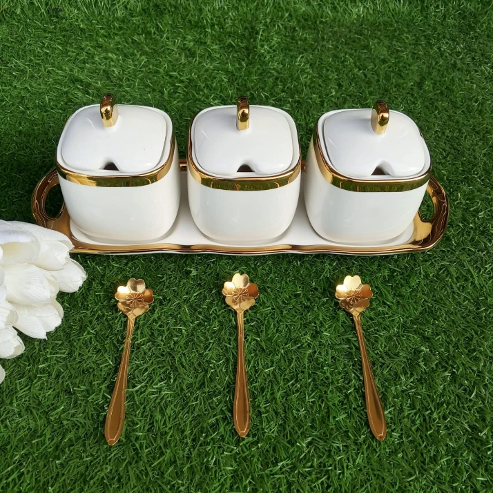 7 Piece Luxurious Ceramic Sugar and Spice Dish Set with Gold Trim Kitchen & Dining Serveware