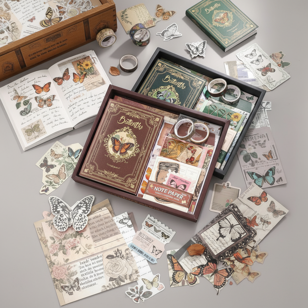 A6 Nature Whisper Notebook Set Butterfly Theme with Stickers Washi Tape Gift Box