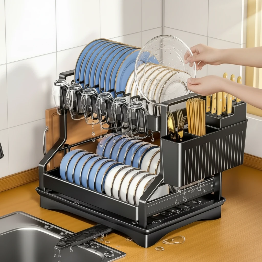 2-Tier Kitchen Dish Drainer Rack 42x32.5x34cm Aluminium Matte Black Plate Bowl Cup Utensil Caddy Drip Tray Kitchen & Dining Dish Racks