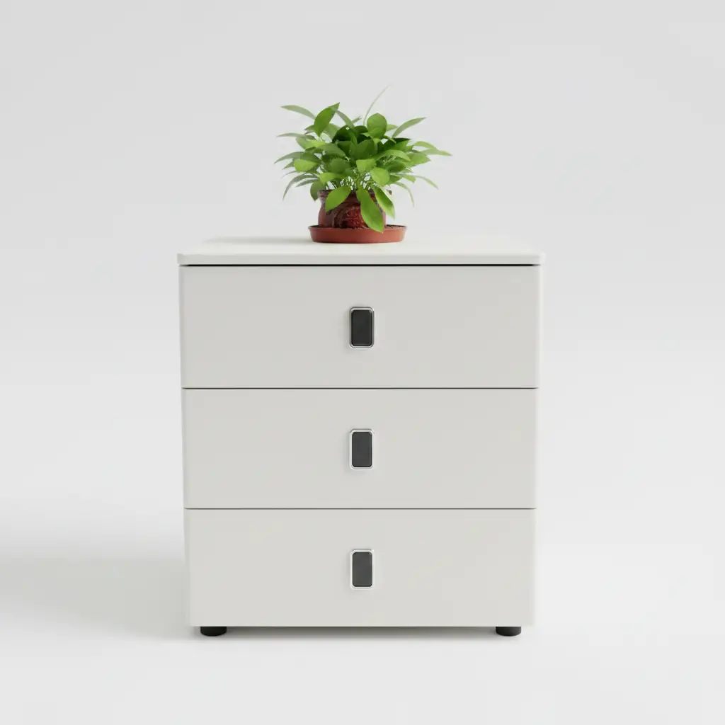 Bedside Table - 3-Drawer Nordic with Black Rectangular Handles and Castors Furniture Nightstands