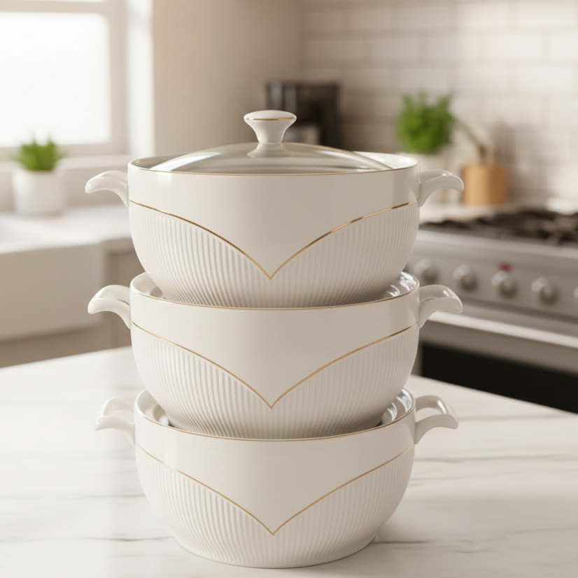 3 Piece Ceramic Serving Bowl Set with Glass Lids and Gold Trim