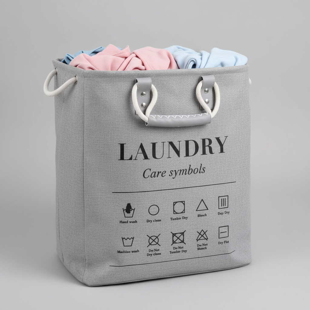 Large Laundry Basket with Care Symbols Dual Handles Foldable Storage