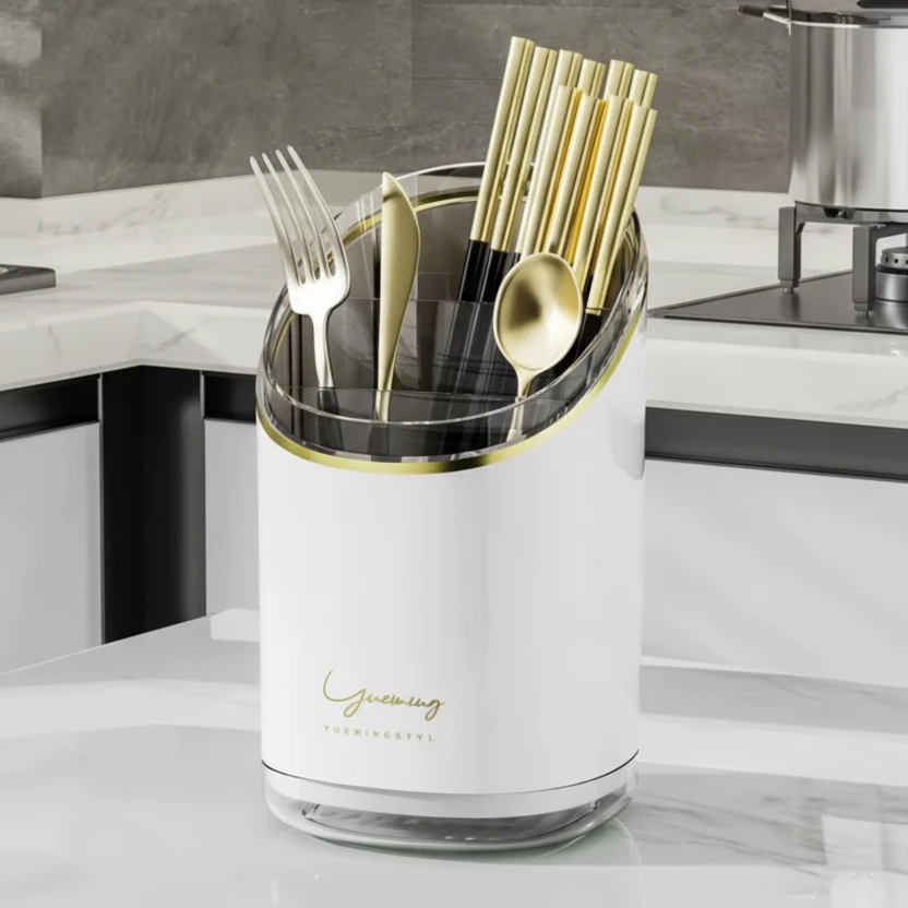 Luxury Acrylic Cutlery Holder with Gold Trim Multi-Compartment Kitchen & Dining Kitchen Utensil Holders