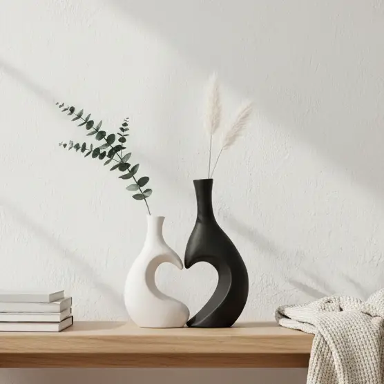Love Heart Interlocking Ceramic Vase Set Matte Black White Set of 2 Home & Garden Vases