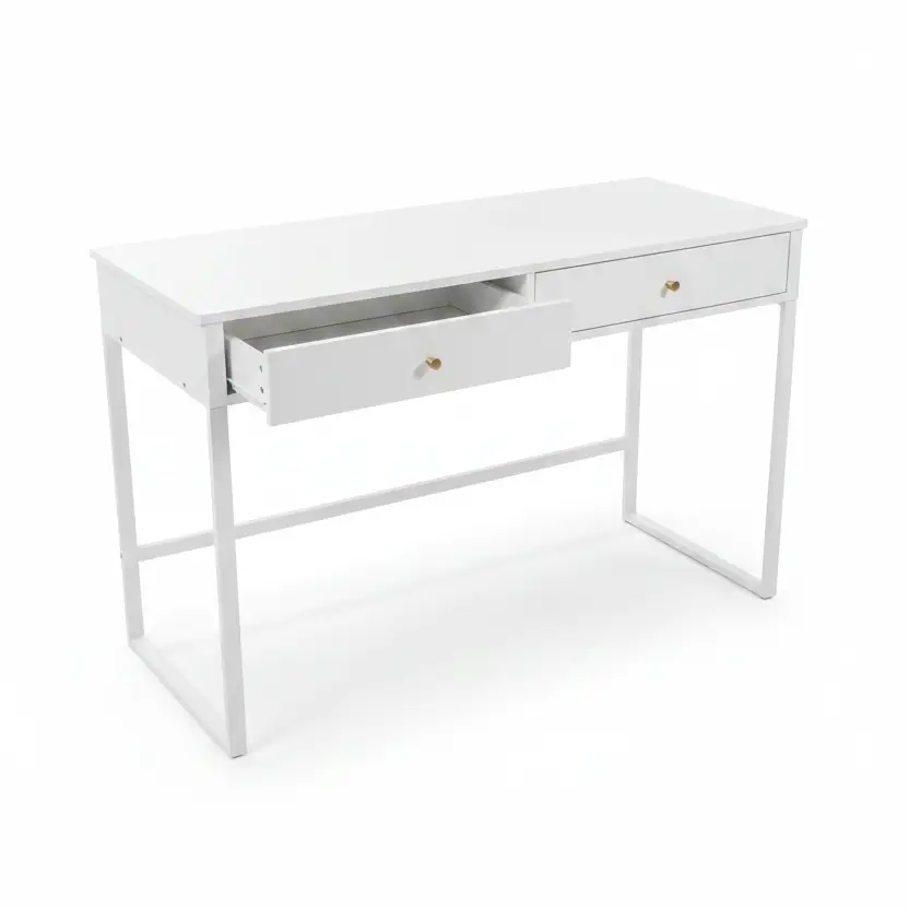 White Desk with 2 Drawers & X-Cross Metal Legs Study Desk Desks