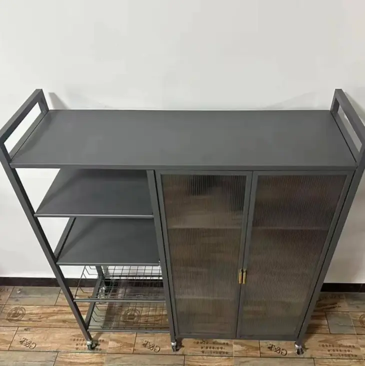 Kitchen Storage Rack - Carbon Steel with Glass Cabinet Shelves and Wheels Grey Gold Kitchen & Dining Kitchen Cabinets