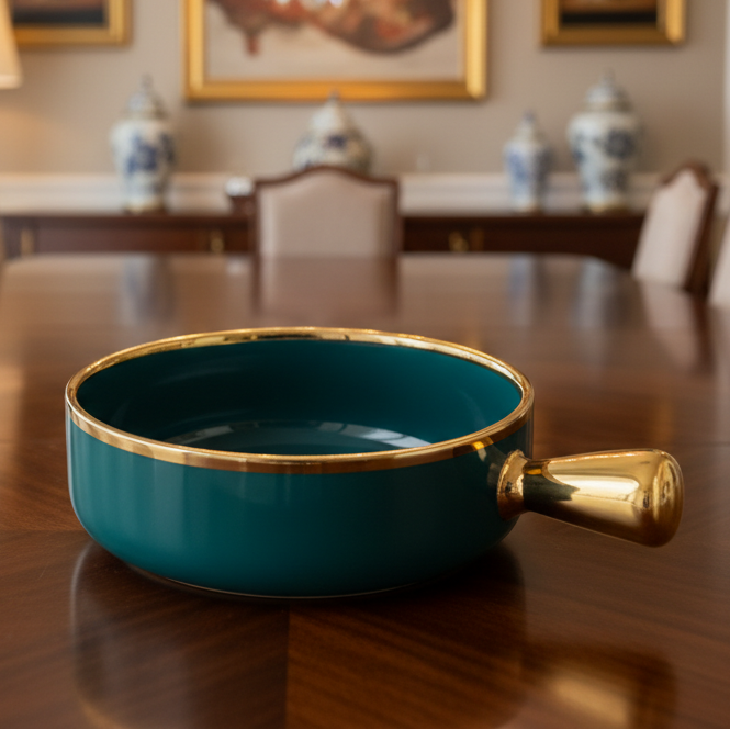 Porcelain Snack Bowl With Gold Handle And Rim 16cm Green Orange Kitchen & Dining Bowls