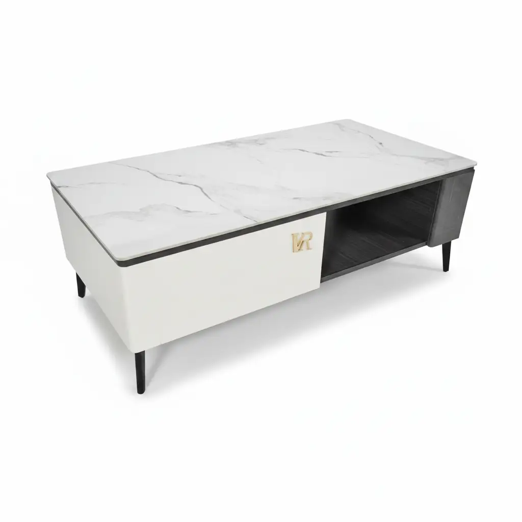 Coffee Table - White Sintered Stone Top with Drawer and Dark Wood Open Shelf Furniture Coffee Tables