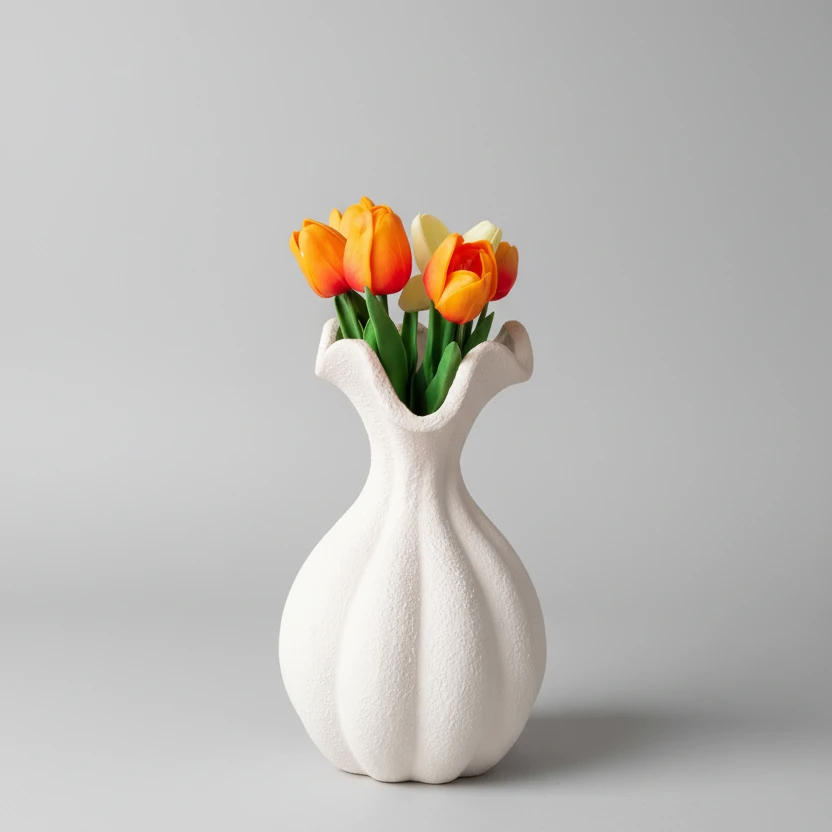 French High-End Retro Art White Petal Shaped Ceramic Vase Home & Garden Vases
