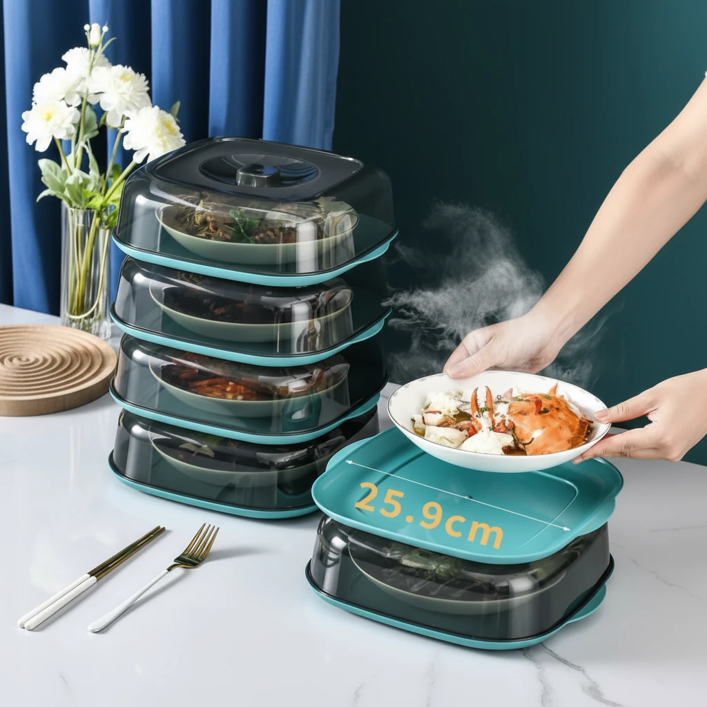Square Acrylic Food Cover with Base Dish 28x26x9cm Microwave Safe Stackable Dustproof Steam Vent Teal Clear Kitchen & Dining Food Container Covers
