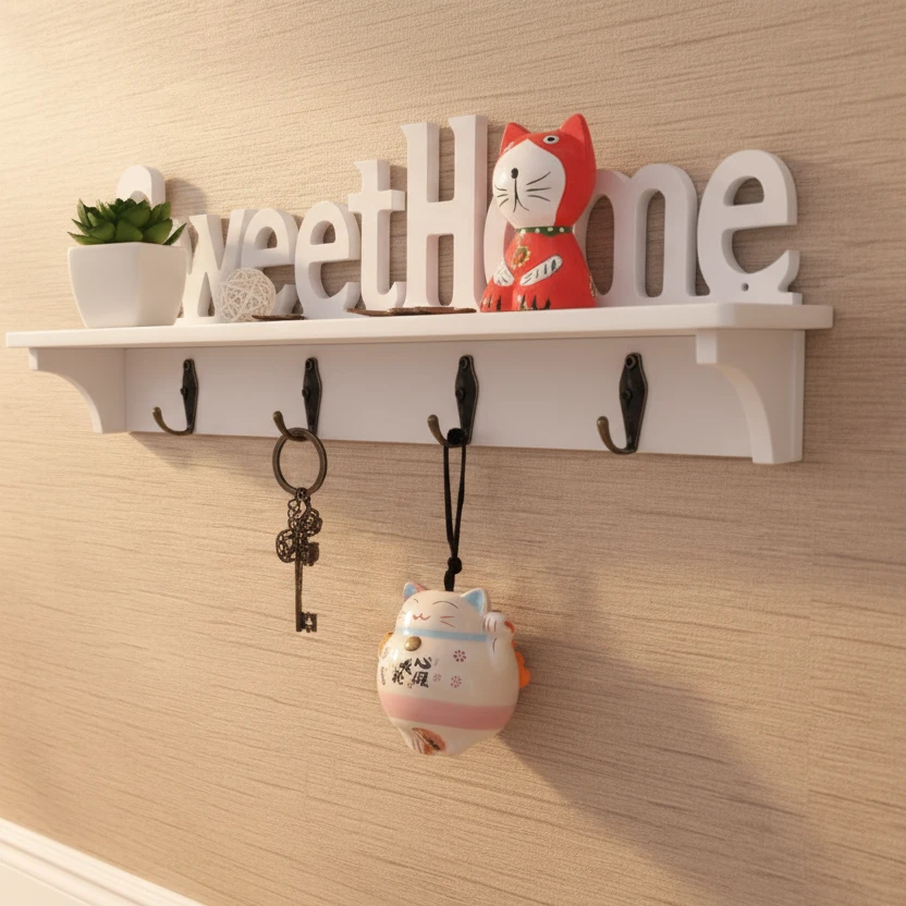 Sweet Home Wall Shelf Key Holder 4 Iron Hooks 47x15x7cm White Wood Home & Garden Rack Wall Shelves & Ledges