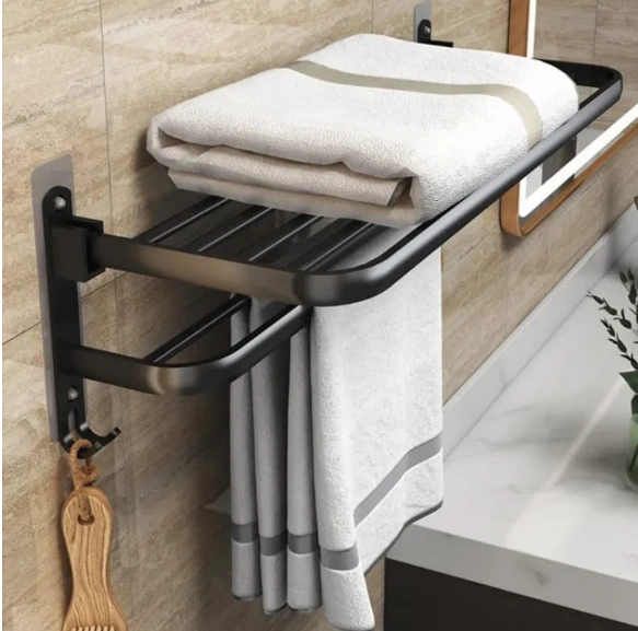 Towel Rack - 60cm Wall-Mounted Double Layer Aluminum Black Home & Garden Towel Racks