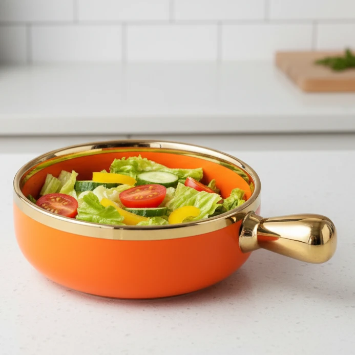 Porcelain Snack Bowl With Gold Handle And Rim 16cm Green Orange Kitchen & Dining Bowls