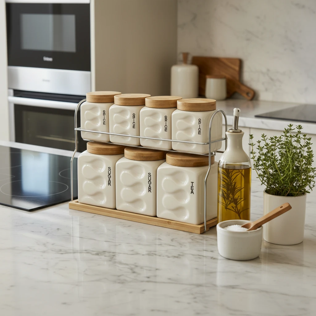 7-Piece Embossed Ceramic Canister Set Spice Sugar Tea Bamboo Lids Chrome Rack Kitchen & Dining Food Storage Containers