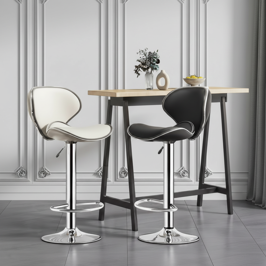 Adjustable Leather Bar Stool with Chrome Base and Footrest