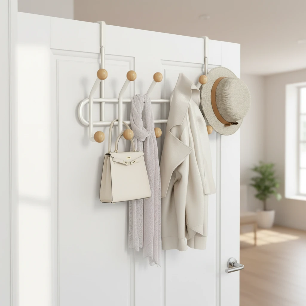 Heavy Duty Over-The-Door Rack 51x23cm 10 Wood Ball Hooks White Metal Coat Hat Towel Organizer Home & Garden Garment Racks