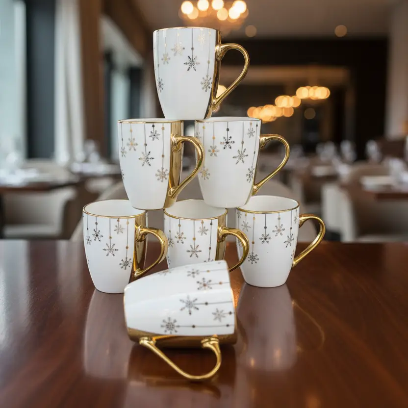 Mug Set - 6-Piece 370ml Ceramic Snowflake Print Gold Handle and Rim White Kitchen & Dining Mugs