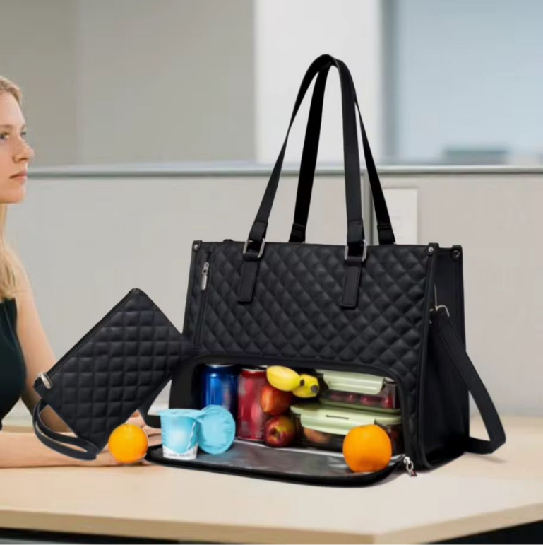 Quilted Large Capacity 15.6" Business Laptop Tote Bag with Insulated Lunch Compartment