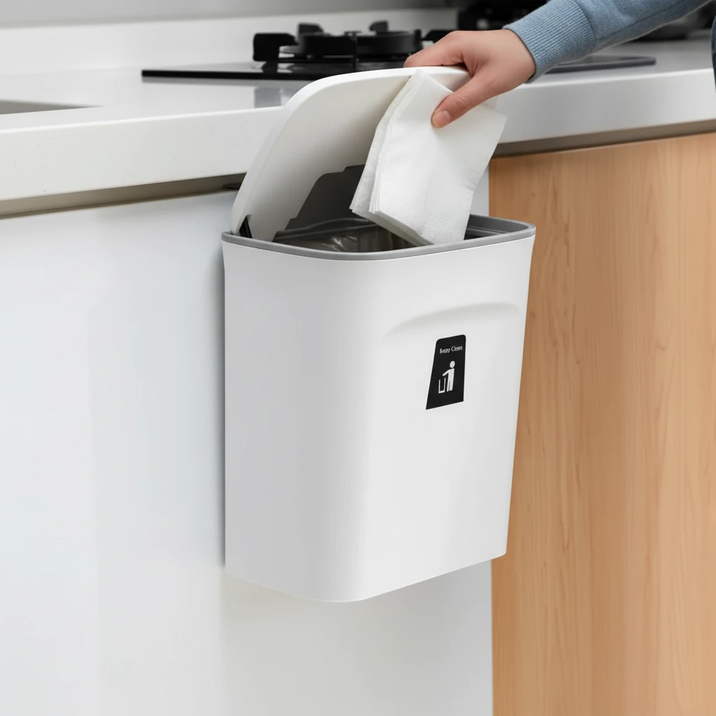Kitchen Wall Mounted Hanging Trash Can with Flip Lid Cabinet Door Waste Bin Removable Liner Grey White Home & Garden Trash Cans