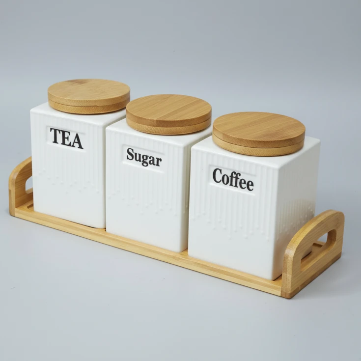 Tea Coffee Sugar Canister Set with Bamboo Lids and Tray Kitchen & Dining Food Storage Containers