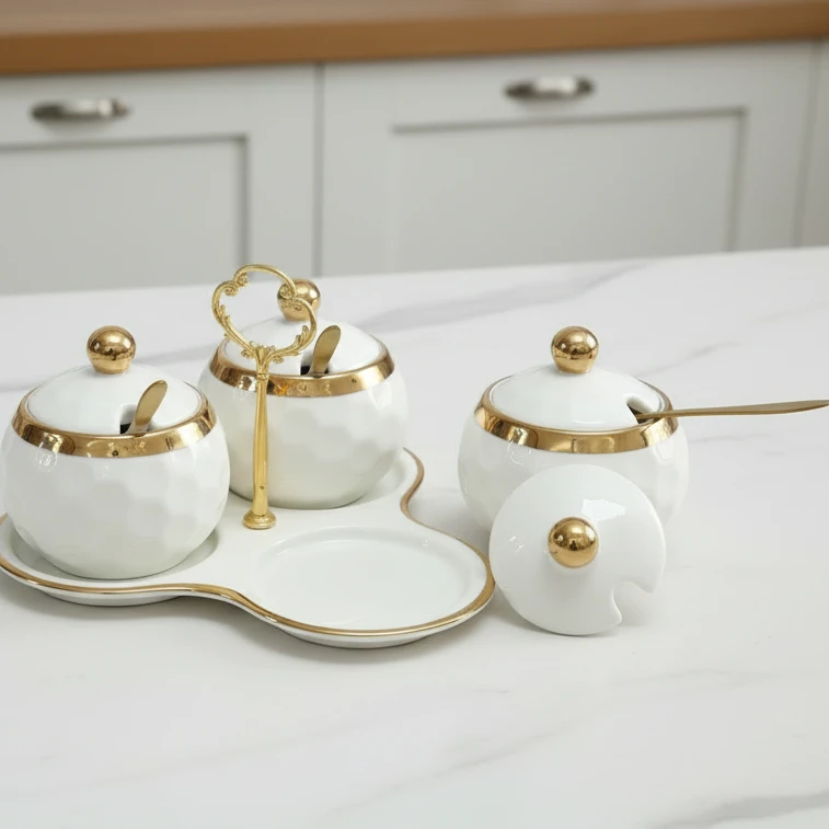 Sugar Canister Set - 3-in-1 Ceramic with Triangle Stand & Gold Trim Kitchen & Dining Food Storage Containers