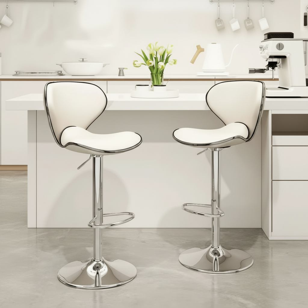 Adjustable Leather Bar Stool with Chrome Base and Footrest