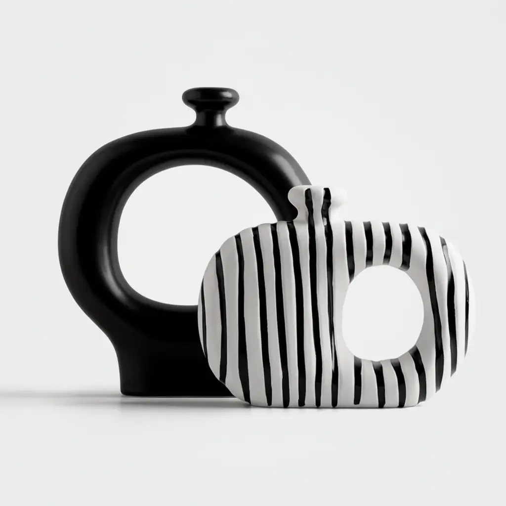 Midnight Loop Sculptural Ceramic Vase Set Matte Black Stripe White Set of 2 Home & Garden Vases
