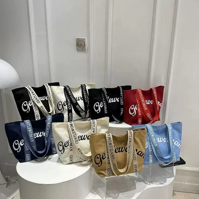 Gentlewoman Large Canvas Tote Bag Bold Script Print Lettered Shoulder Straps White Black Red Navy Khaki Baby Blue Bags & Accessories Tote Bags