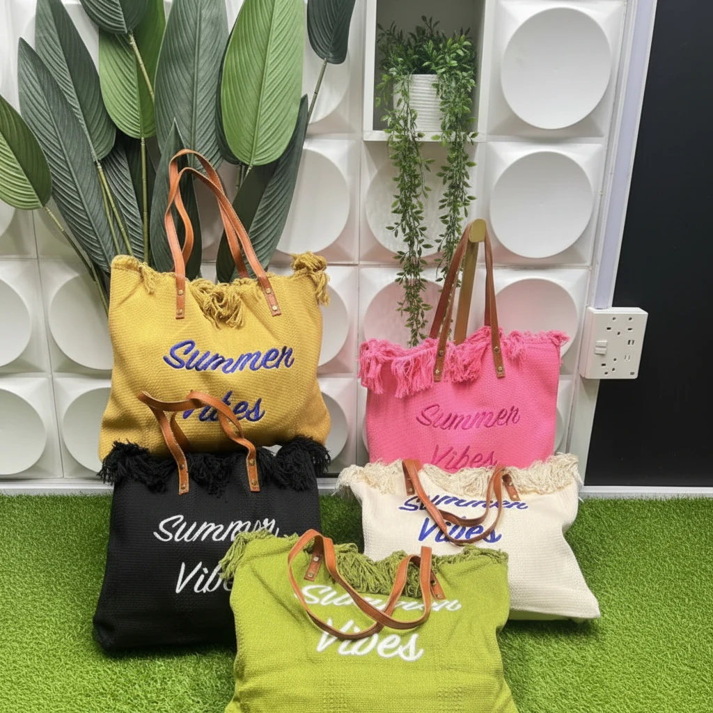 Summer Vibes Beach Tote Bag with Tassel Detail and Leather Handles Bags & Accessories Beach Bags