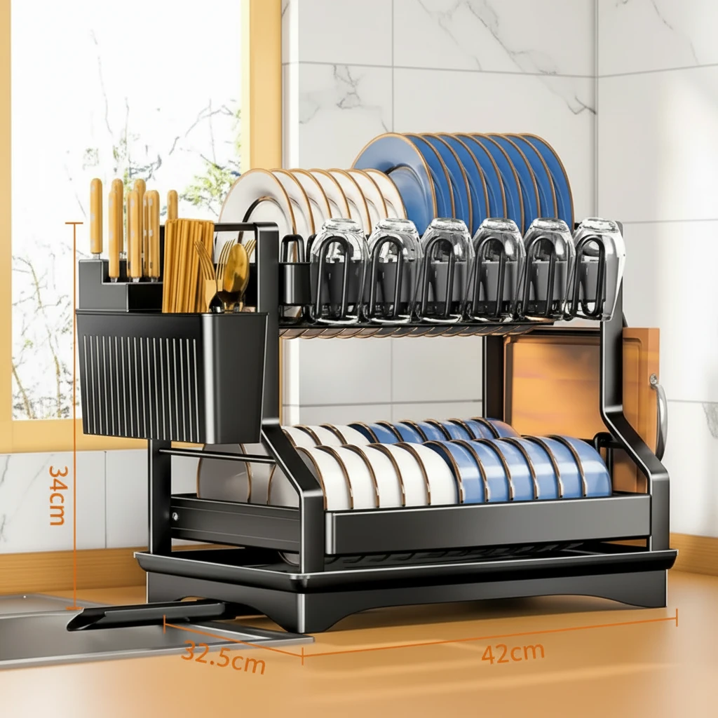 2-Tier Kitchen Dish Drainer Rack 42x32.5x34cm Aluminium Matte Black Plate Bowl Cup Utensil Caddy Drip Tray Kitchen & Dining Dish Racks