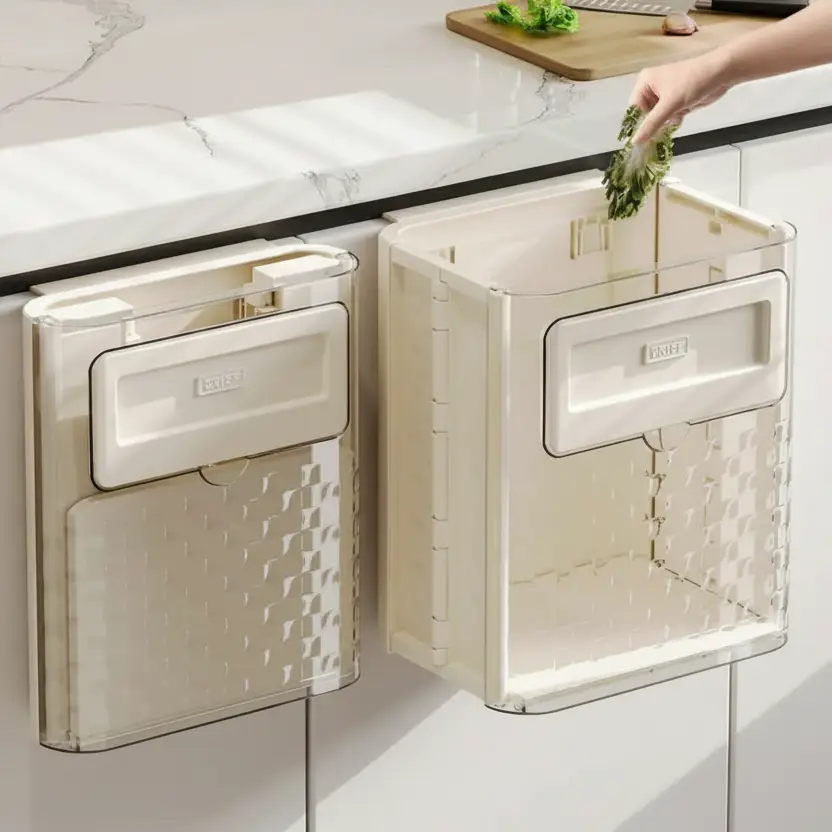 Kitchen Bin - 10L Wall Mount Folding Cabinet Door Hanging Waste Bin Cream Beige Home & Garden Wastebaskets