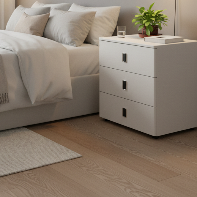 Bedside Table - 3-Drawer Nordic with Black Rectangular Handles and Castors Furniture Nightstands