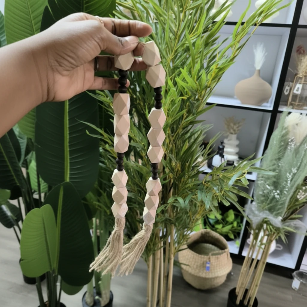 Decorative Wood Bead Garland Jute Tassel Boho Nordic Home Decor 80cm Home & Garden Garlands