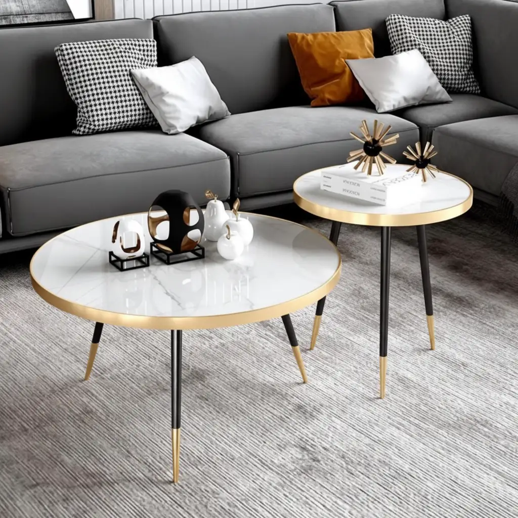 Coffee Table Set - 2-in-1 Marble Top Round with Gold Black Legs White Black Furniture Coffee Tables