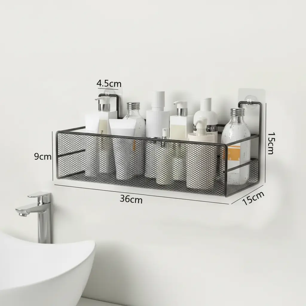 Large Black Mesh Wall Shelf Self-Adhesive No-Drill 36x15x15cm Bathroom Kitchen Home & Garden Wall-Mounted Caddies