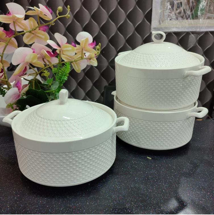 3 Piece Large Ceramic Serving Bowl Set with Lids 3.6L