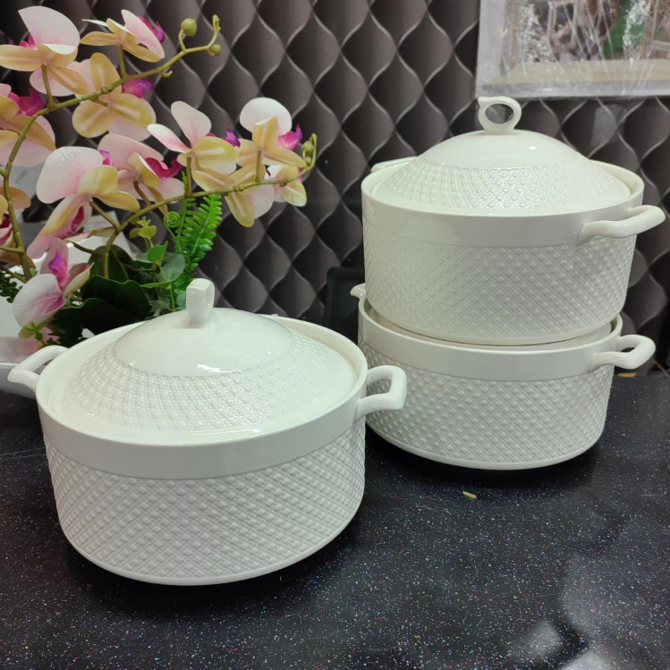 3 Piece Large Ceramic Serving Bowl Set with Lids 3.6L