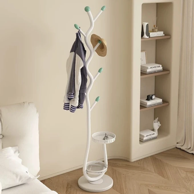 Tree Branch Floor Standing Coat Rack 30x170cm Metal 8 Hooks 2-Tier Tray Basket Entryway Black White Gold Home & Garden Coat & Hat Racks