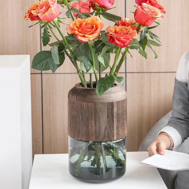 Modern Glass Vase - 36cm with Wooden Accent Home & Garden Vases