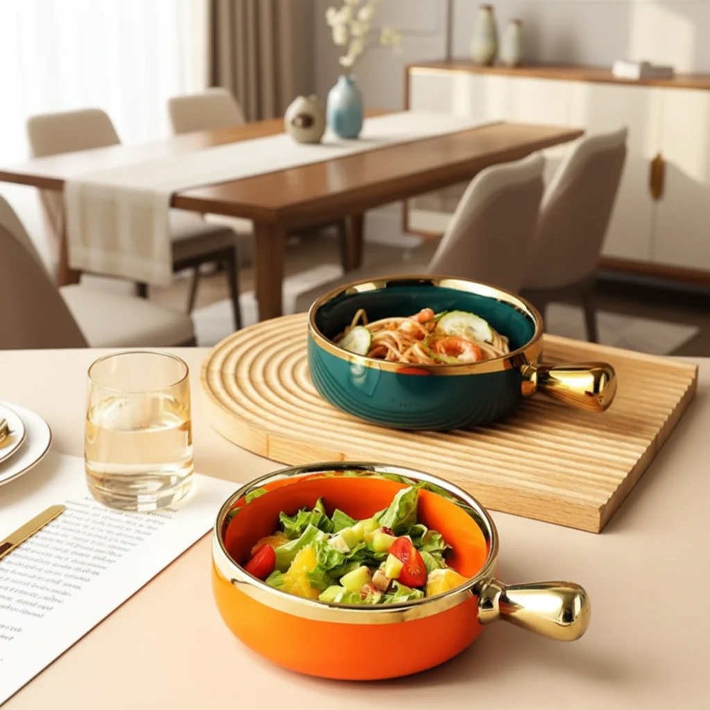 Porcelain Snack Bowl With Gold Handle And Rim 16cm Green Orange Kitchen & Dining Bowls