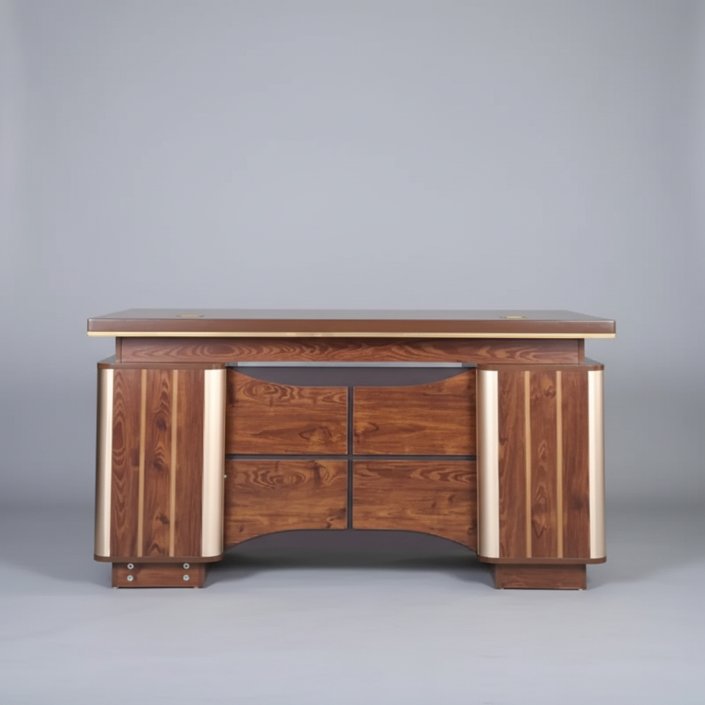Office Desk - Executive Solid Wood with 4 Drawers and Curved Pedestal Base Walnut Furniture Desks