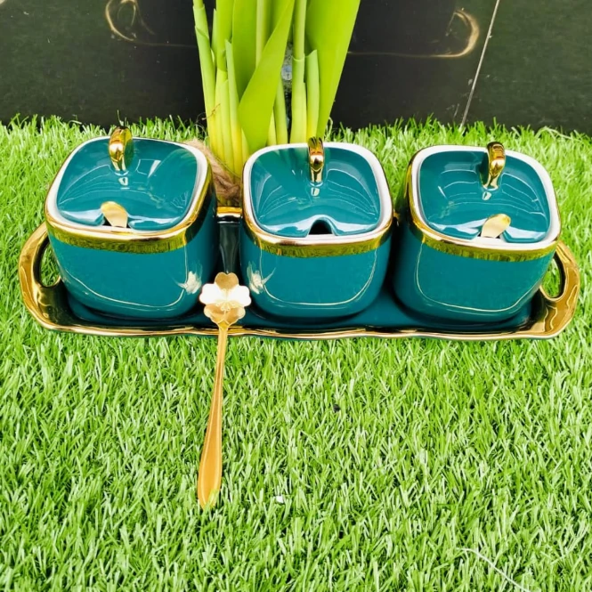 7 Piece Luxurious Ceramic Sugar and Spice Dish Set with Gold Trim Kitchen & Dining Serveware