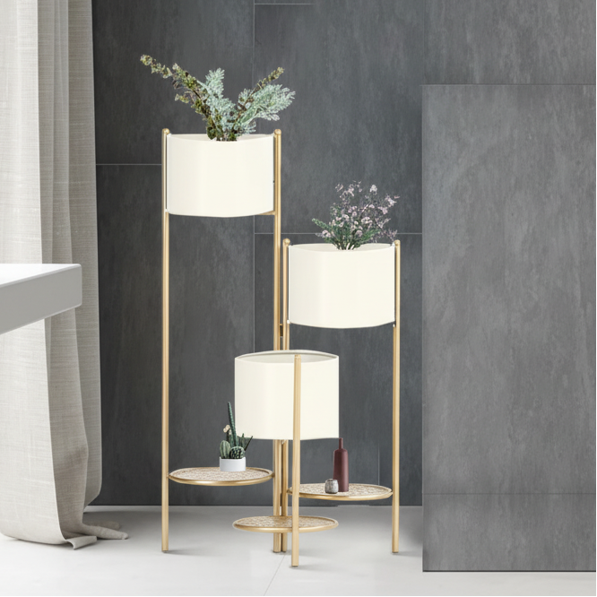 3-in-1 Tiered Planter - White Pots with Gold Metal Stand