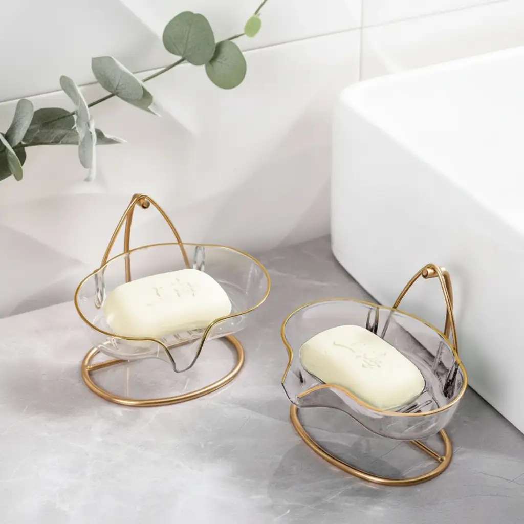Soap Dish - Light Luxury Clear Acrylic Gold Iron Stand 13x11x11cm Home & Garden Soap Dishes & Holders