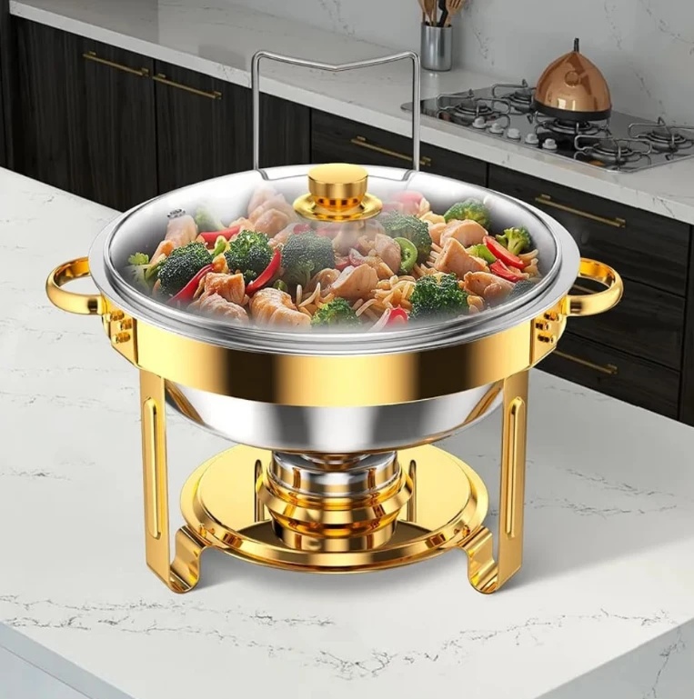 Round Stainless Steel Chafing Dish 5L with Gold Accents and Glass Lid Kitchen & Dining Chafing Dishes